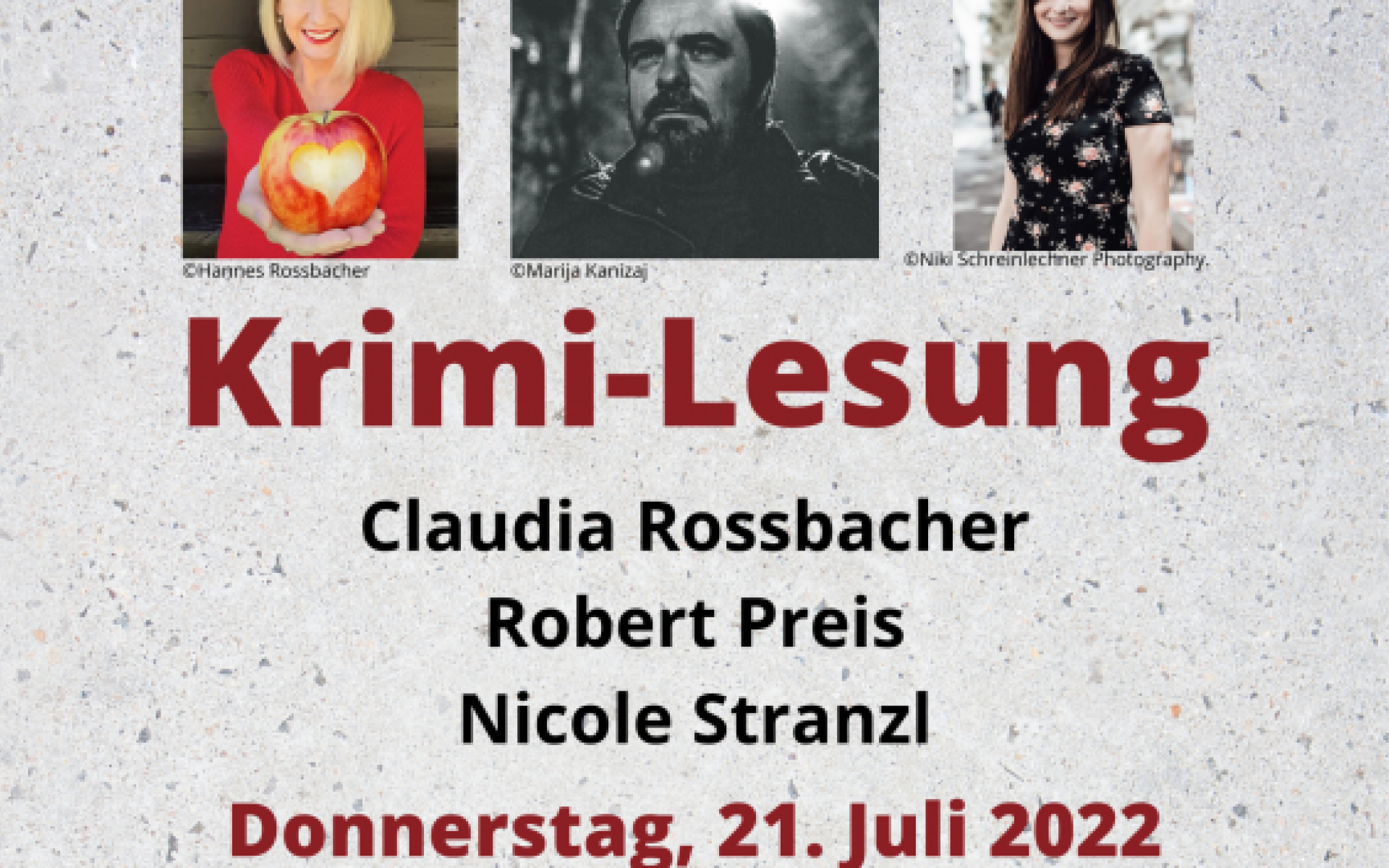 Plakat: Krimi-Lesung - Claudia Rossbacher, Robert Preis, Nicole Stranzl