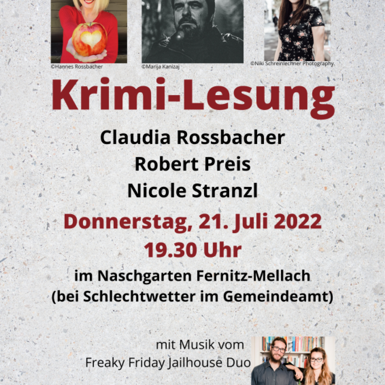 Plakat: Krimi-Lesung - Claudia Rossbacher, Robert Preis, Nicole Stranzl